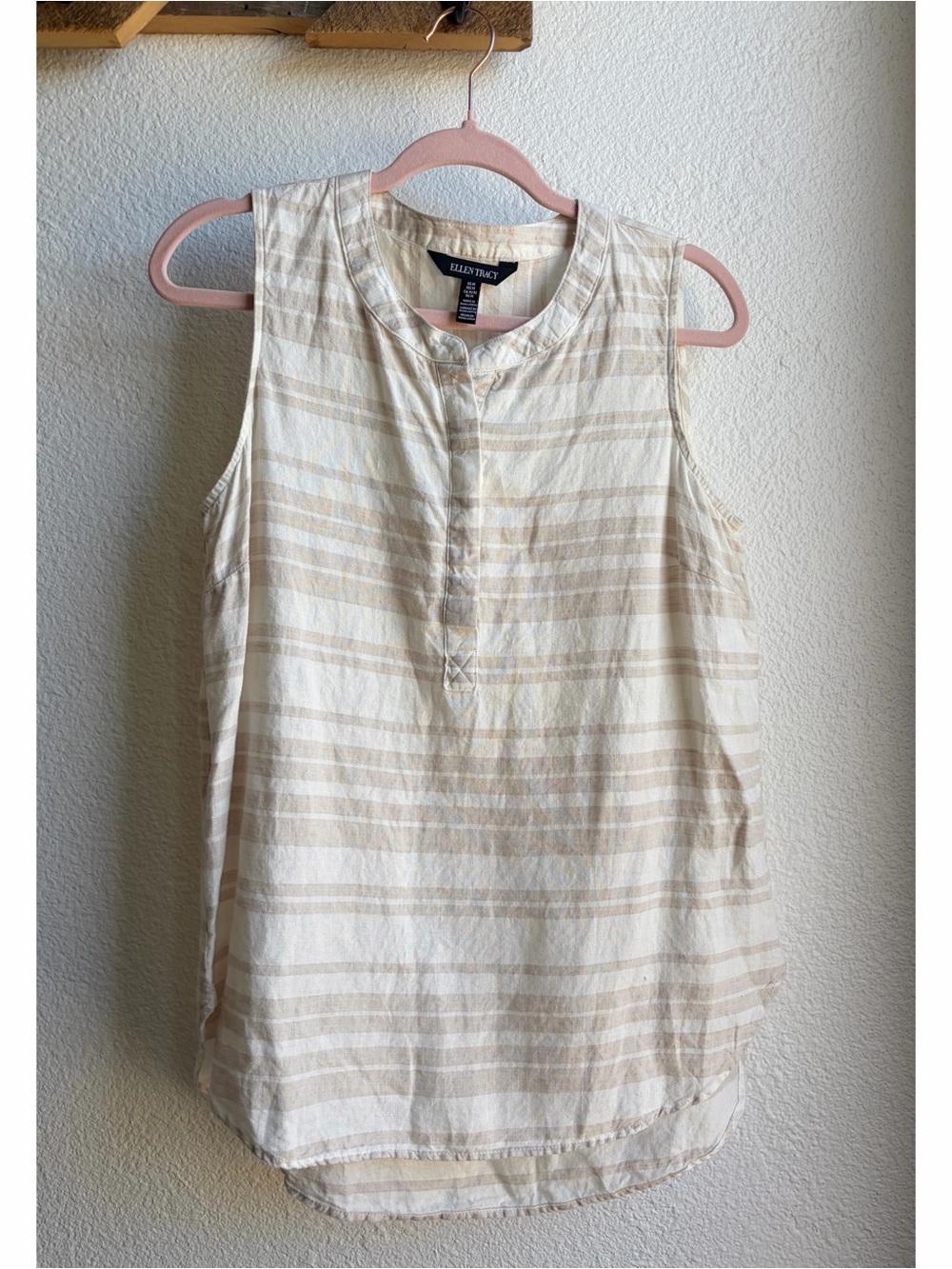 Ellen Tracy Cream and Tan Striped Sleeveless Blouse